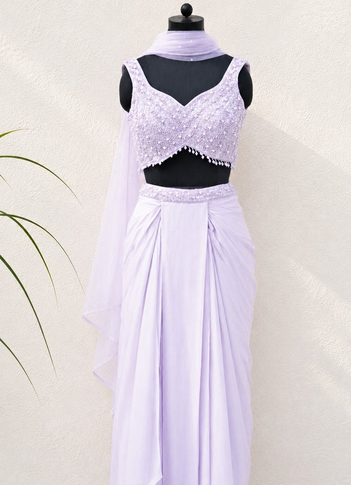 Lilac Satin Georgette Drape Skirt Set Anisha Shetty - Fabilicious Fashion