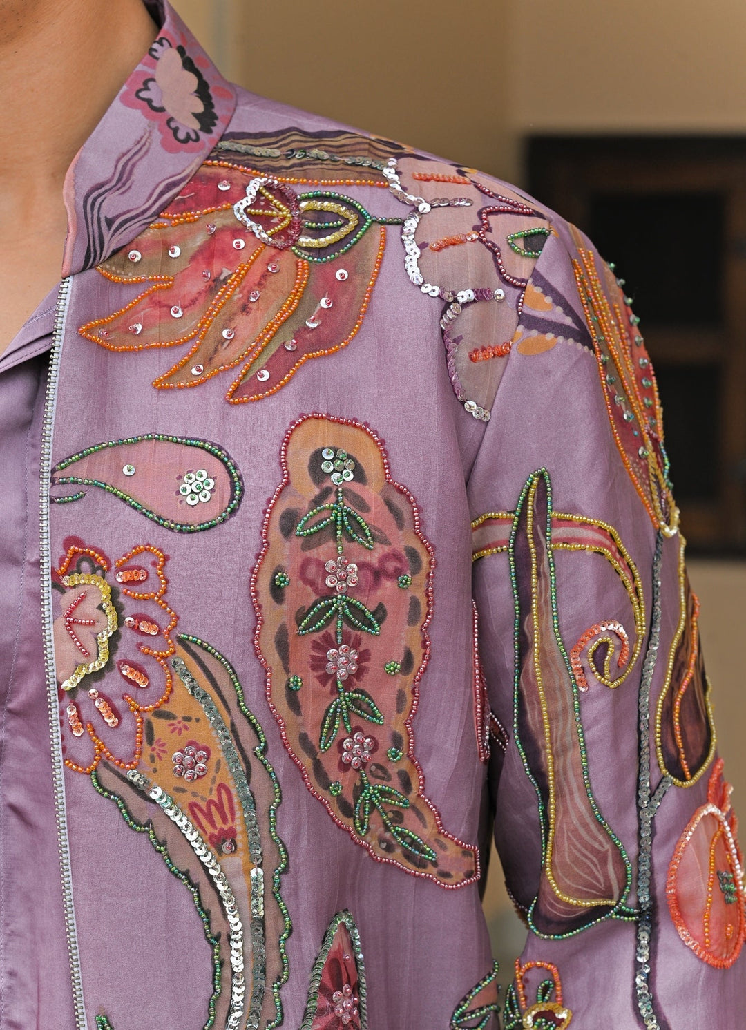 Juhi Bengani - Men Lilac Satin Shirt Pants Set with Embroidered Bomber JacketFabilicious Fashion