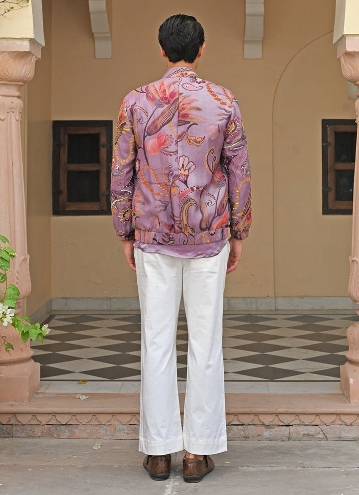 Juhi Bengani - Men Lilac Satin Shirt Pants Set with Embroidered Bomber JacketFabilicious Fashion
