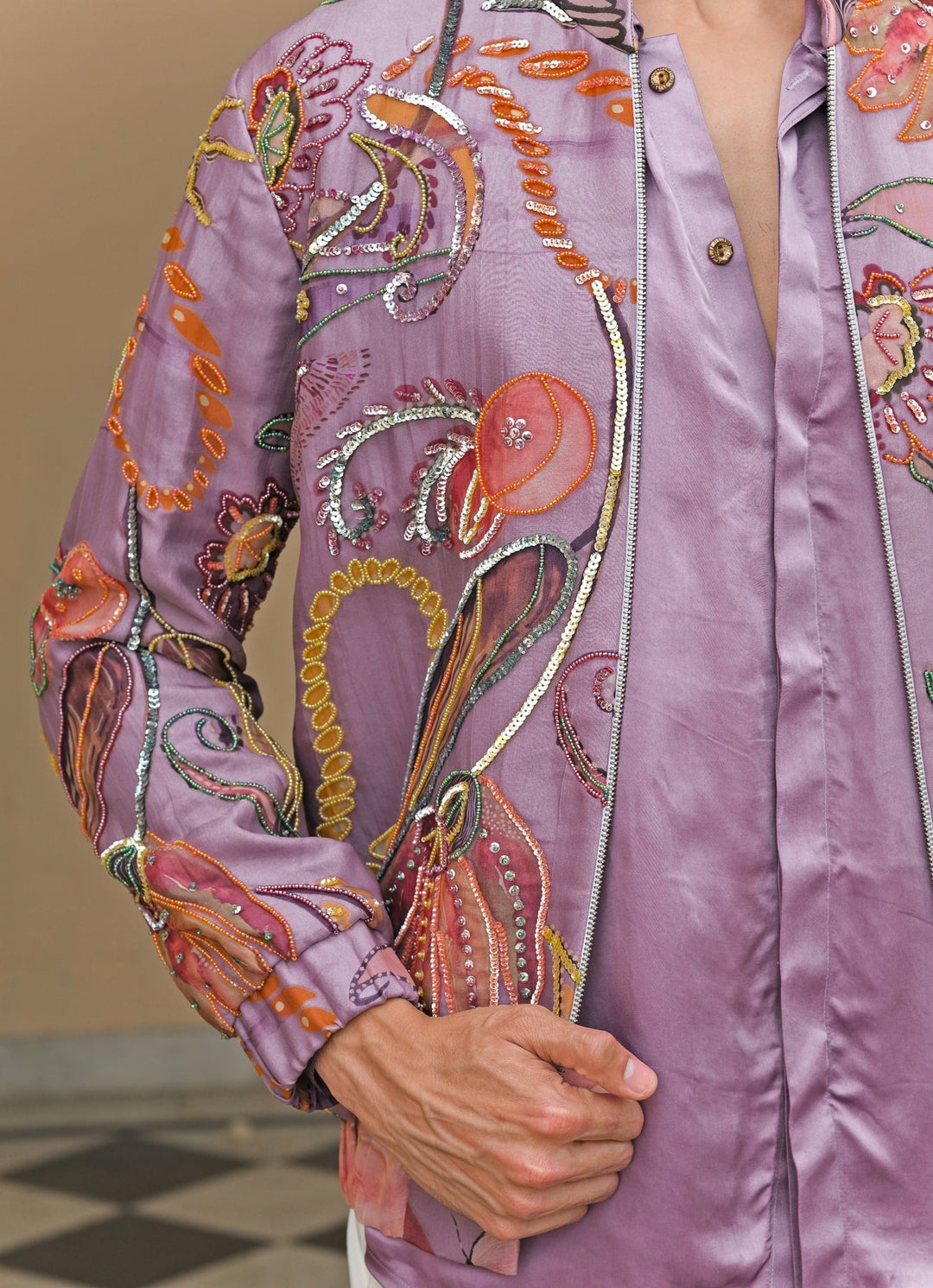 Juhi Bengani - Men Lilac Satin Shirt Pants Set with Embroidered Bomber JacketFabilicious Fashion
