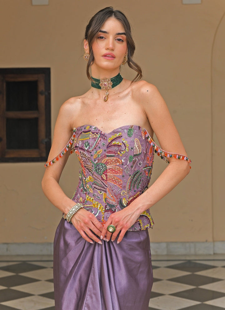 Juhi Bengani Lilac Satin Skirt Set With CorsetFabilicious Fashion