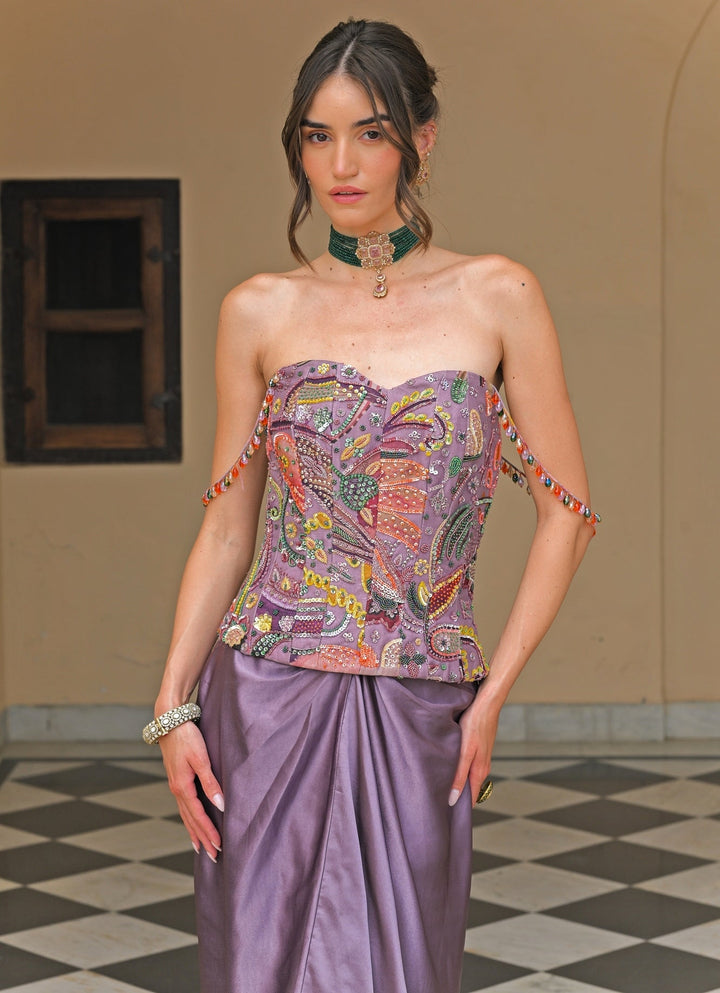 Juhi Bengani Lilac Satin Skirt Set With CorsetFabilicious Fashion