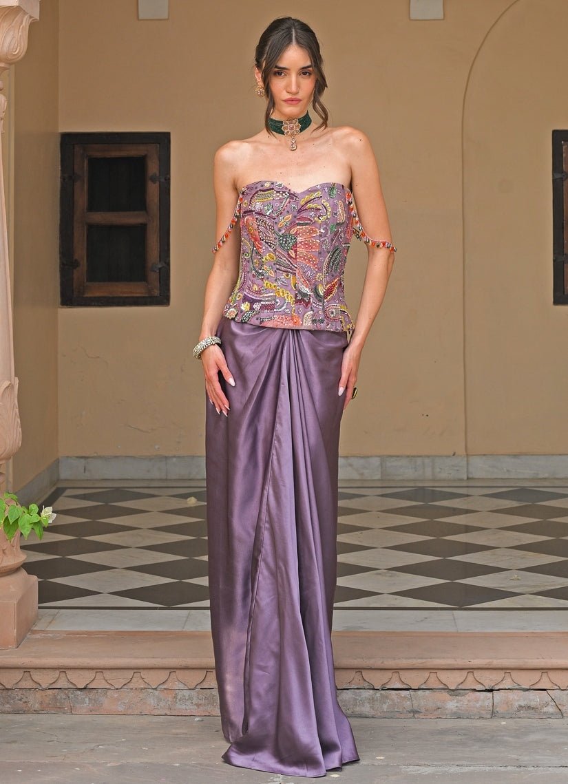 Lilac satin skirt set with corset by Juhi Bengani for evening wedding guest