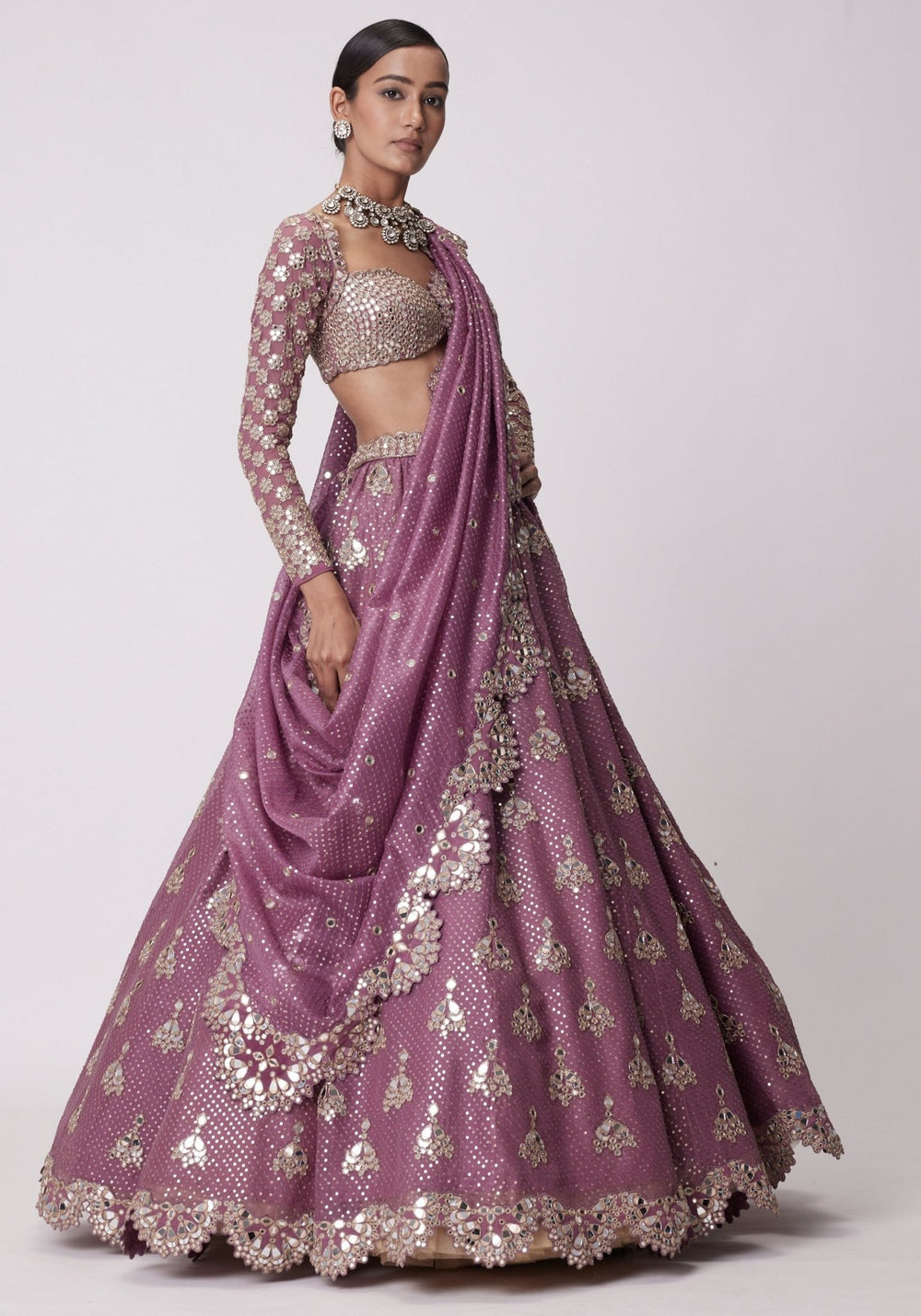 Lilac Sequins And Mirror Lehenga With Full Sleeves Blouse Vvani by Vani Vats - Fabilicious Fashion