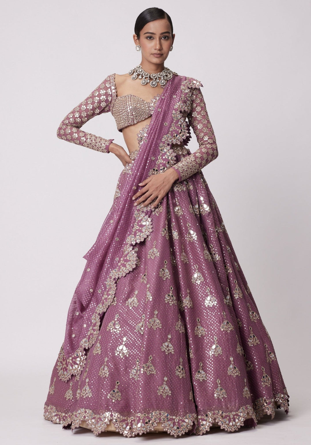 Lilac Sequins And Mirror Lehenga With Full Sleeves Blouse Vvani by Vani Vats - Fabilicious Fashion