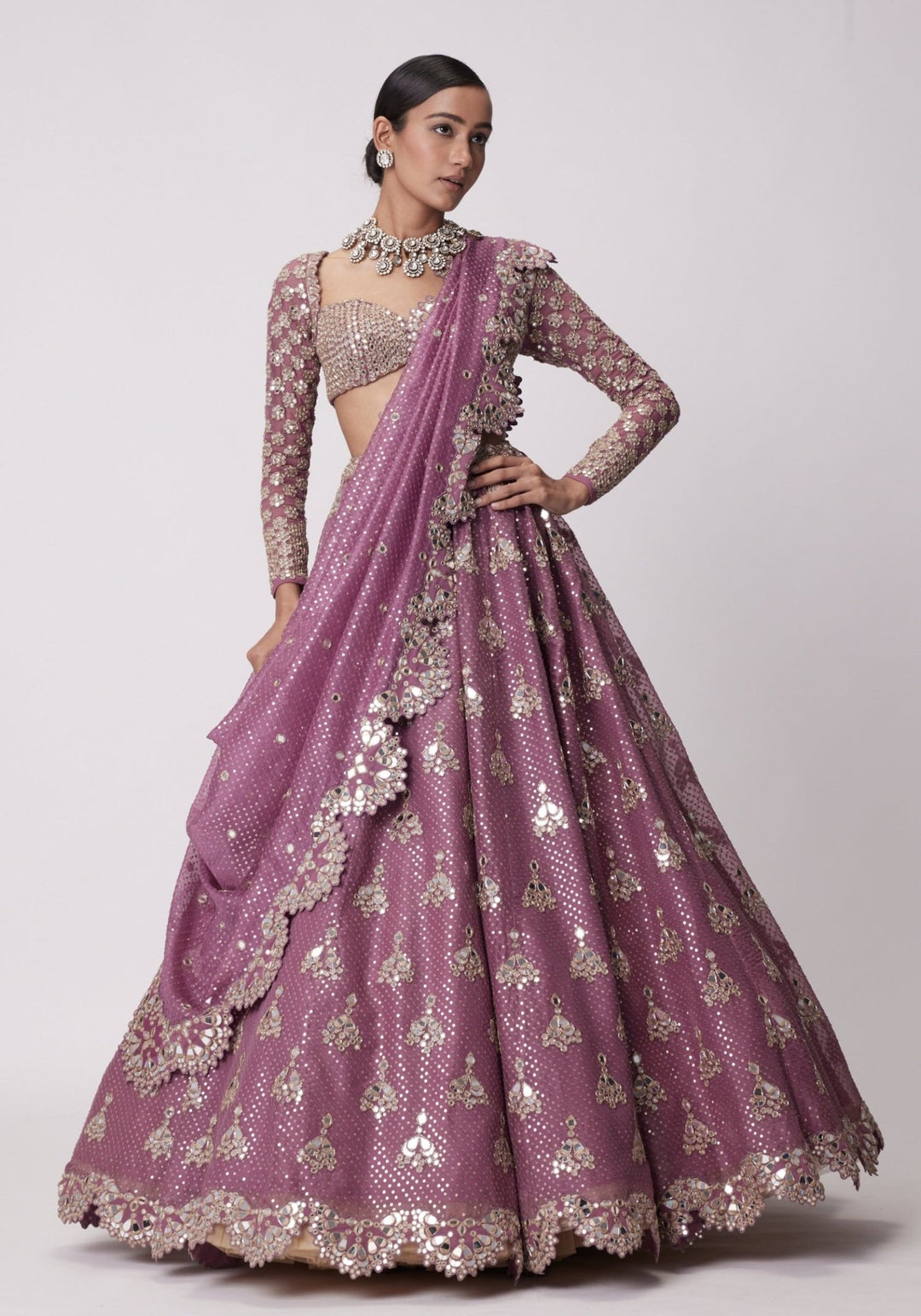 Lilac Sequins And Mirror Lehenga With Full Sleeves Blouse Vvani by Vani Vats - Fabilicious Fashion