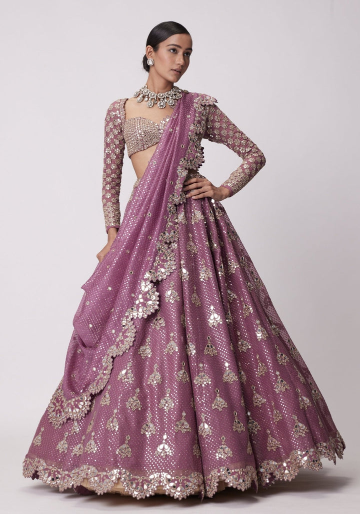 Lilac Sequins And Mirror Lehenga With Full Sleeves Blouse Vvani by Vani Vats - Fabilicious Fashion