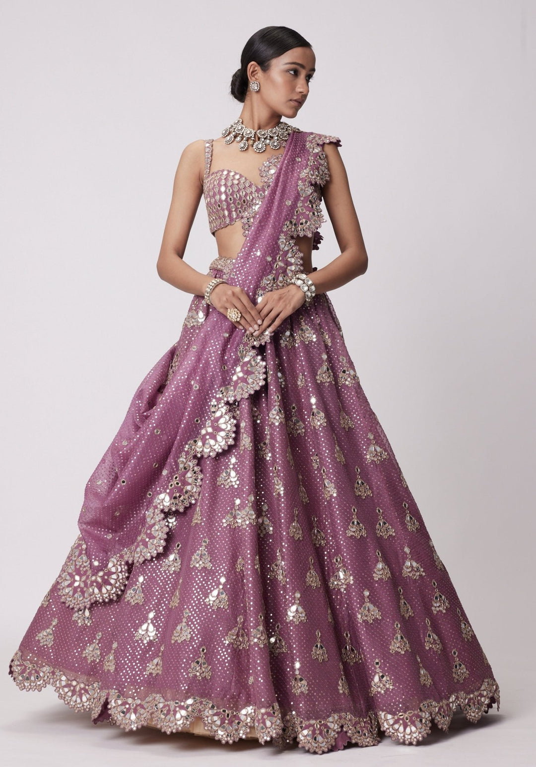 Lilac Sequins And Mirror Lehenga With Sleeveless Blouse Vvani by Vani Vats - Fabilicious Fashion