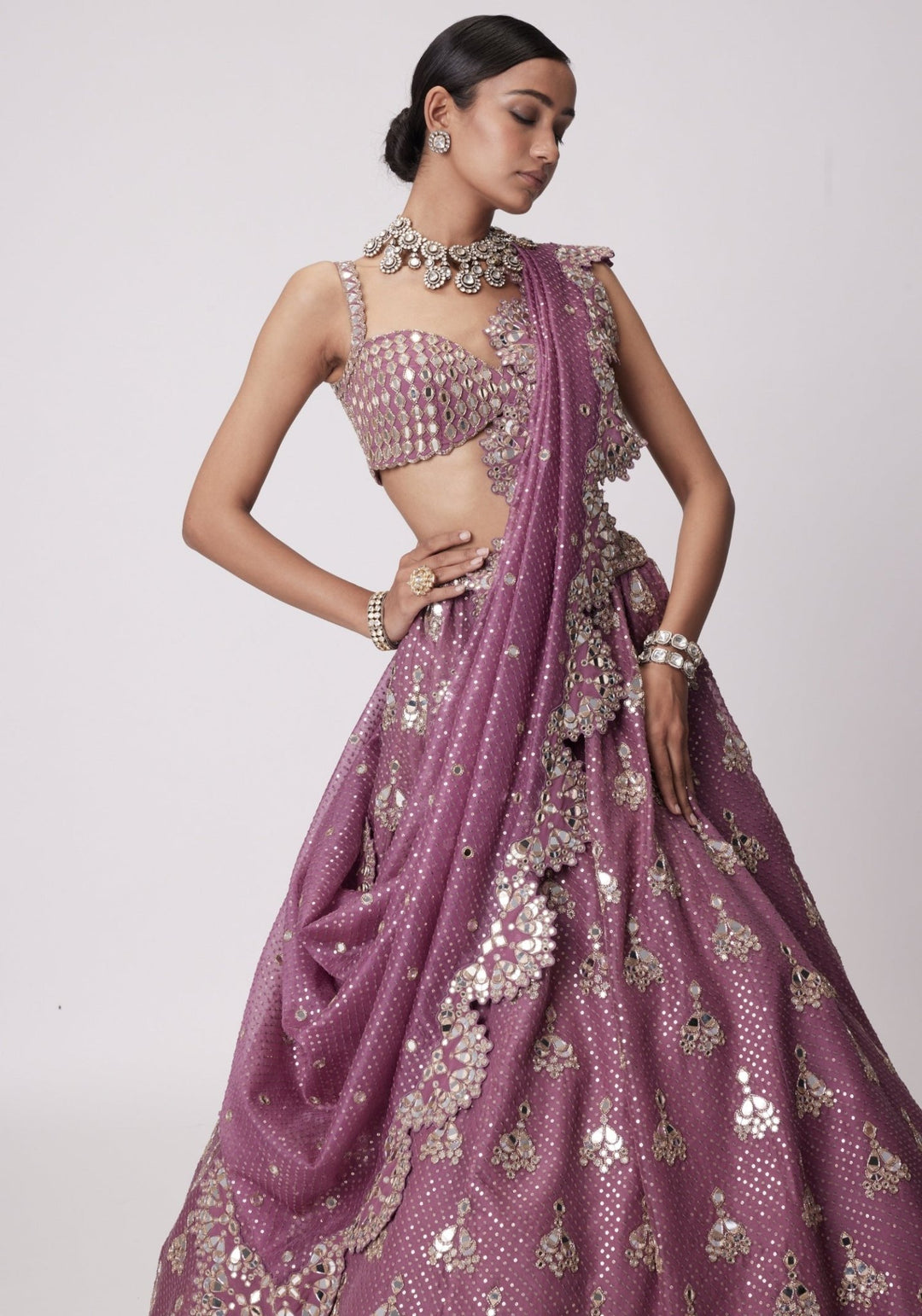 Lilac Sequins And Mirror Lehenga With Sleeveless Blouse Vvani by Vani Vats - Fabilicious Fashion