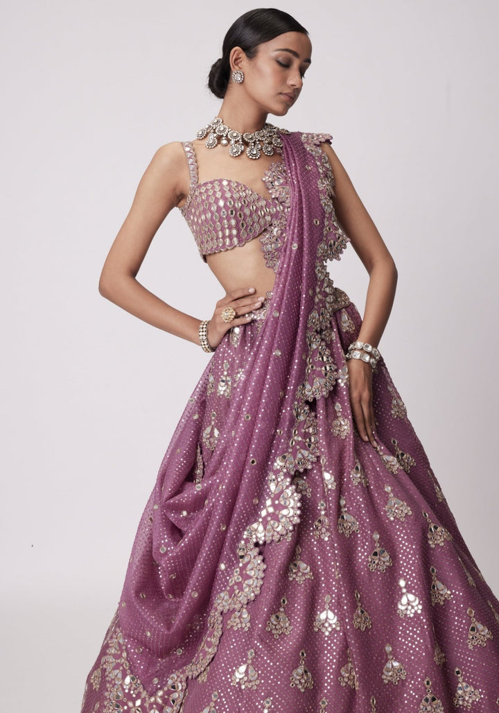 Lilac Sequins And Mirror Lehenga With Sleeveless Blouse Vvani by Vani Vats - Fabilicious Fashion