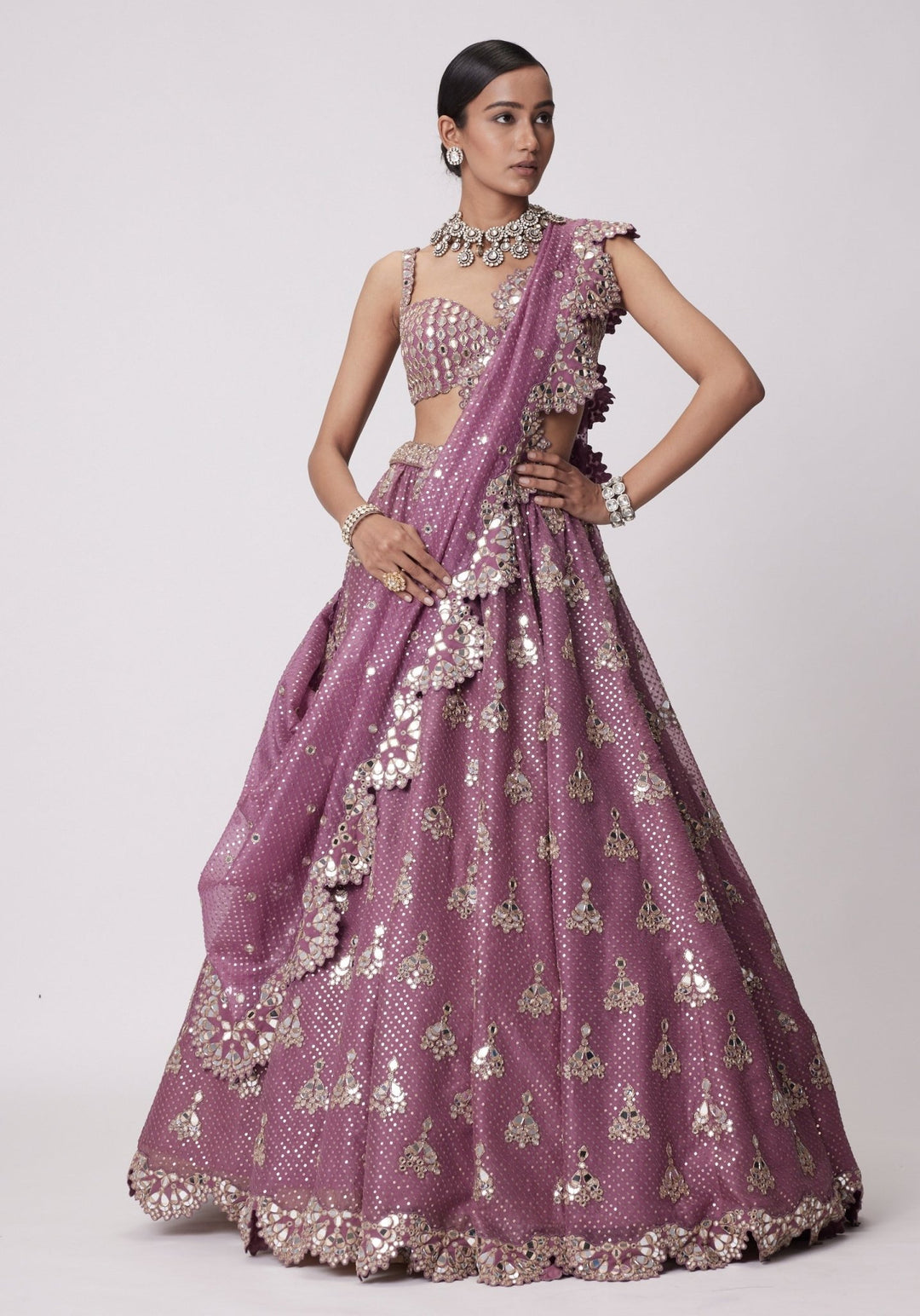 Lilac Sequins And Mirror Lehenga With Sleeveless Blouse Vvani by Vani Vats - Fabilicious Fashion