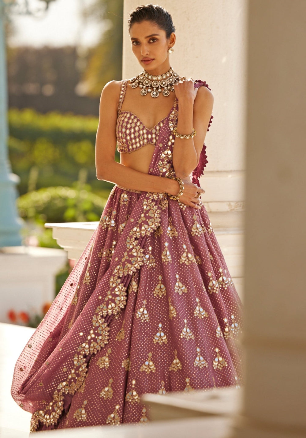 Lilac Sequins And Mirror Lehenga With Sleeveless Blouse Vvani by Vani Vats - Fabilicious Fashion