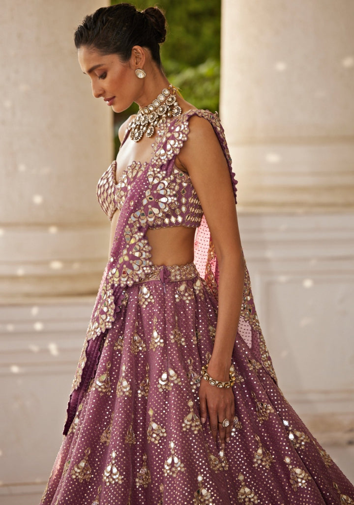 Lilac Sequins And Mirror Lehenga With Sleeveless Blouse Vvani by Vani Vats - Fabilicious Fashion