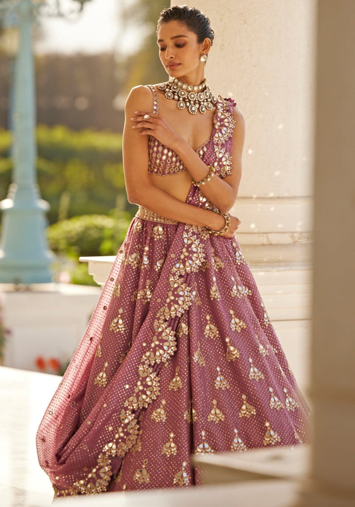 Lilac Sequins And Mirror Lehenga With Sleeveless Blouse Vvani by Vani Vats - Fabilicious Fashion