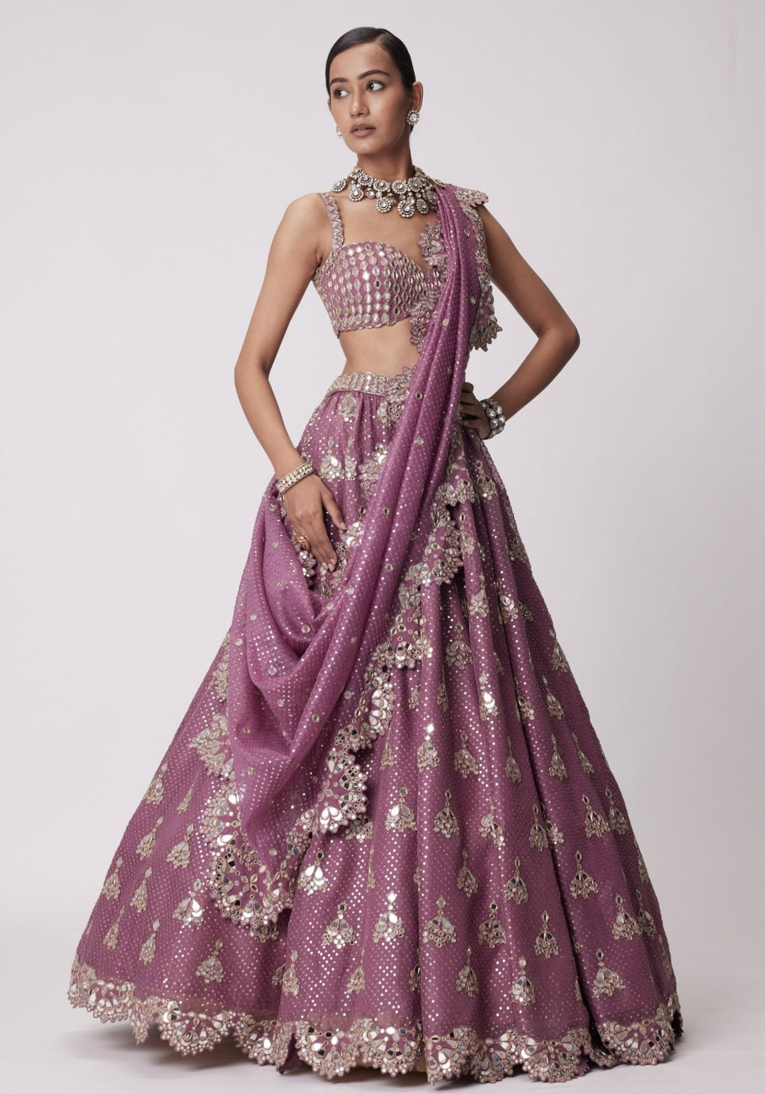 Lilac Sequins And Mirror Lehenga With Sleeveless Blouse Vvani by Vani Vats - Fabilicious Fashion