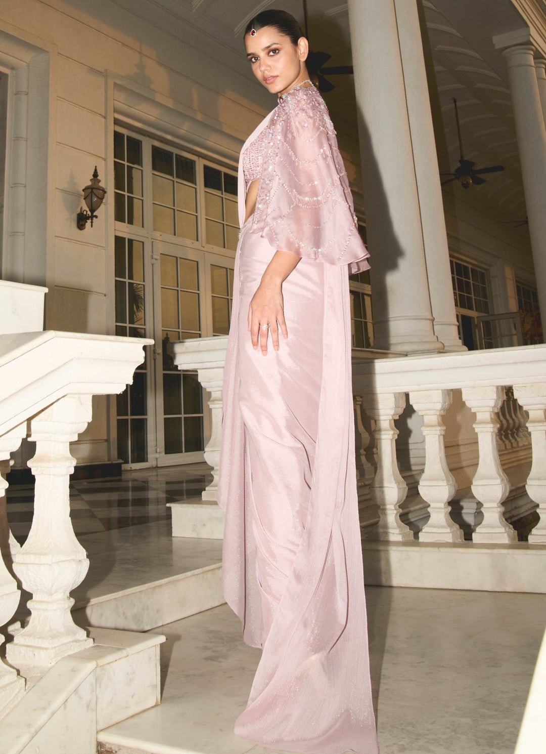 Lilac Shimmer Georgette Predraped Saree With Bustier Sanya Gulati - Fabilicious Fashion