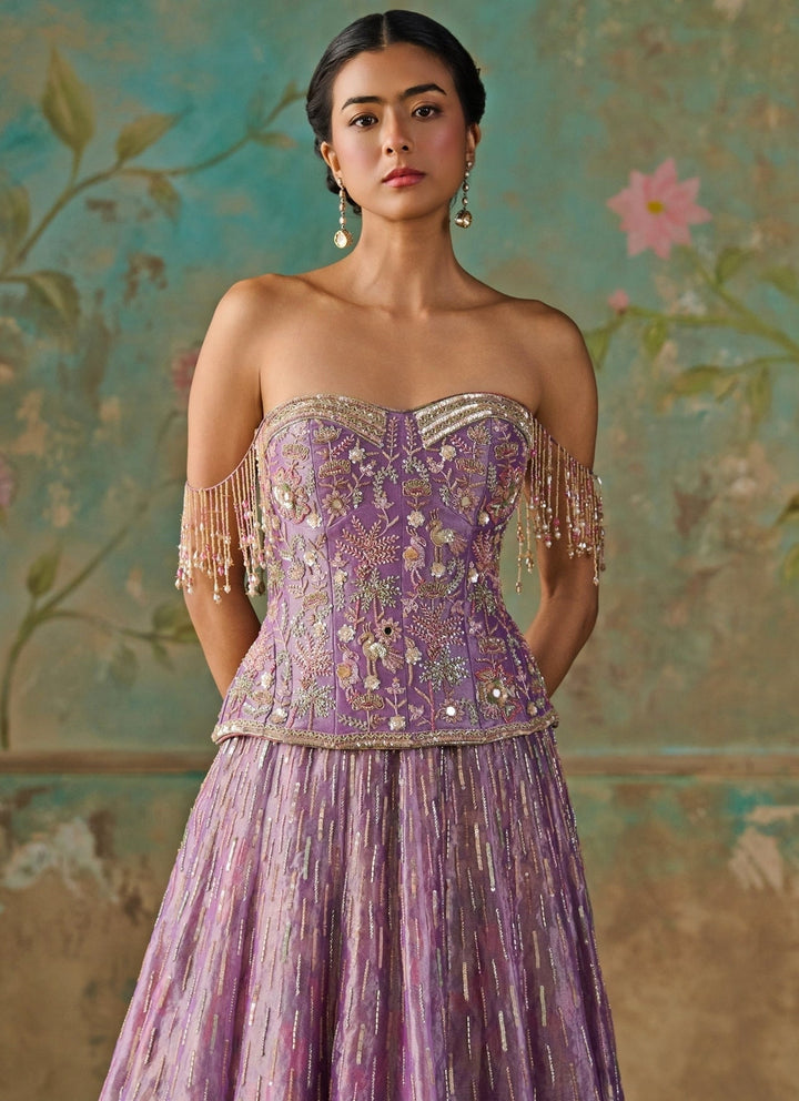 Zoon Tribe Lilac Silk Tissue Corset Lehenga SetFabilicious Fashion