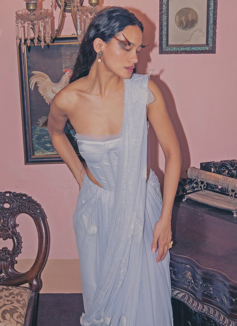 The Little Black Bow Lilac Soft Net Pre-Draped Saree With Corset BlouseFabilicious Fashion