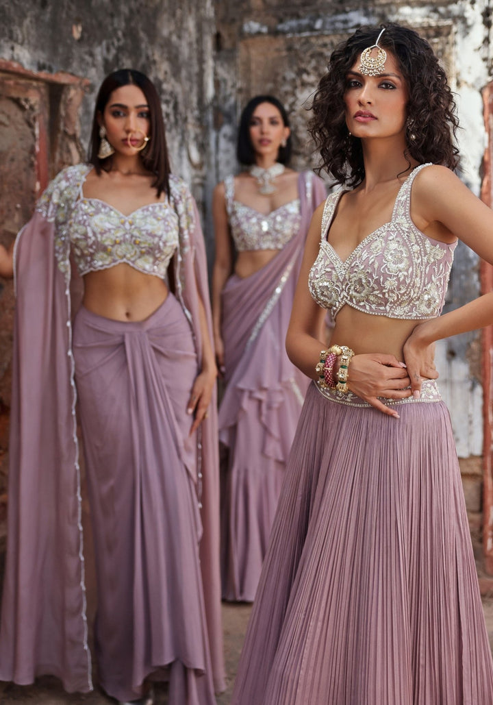 Lilac Tiered Skirt Set with Cape Seema Thukral - Fabilicious Fashion
