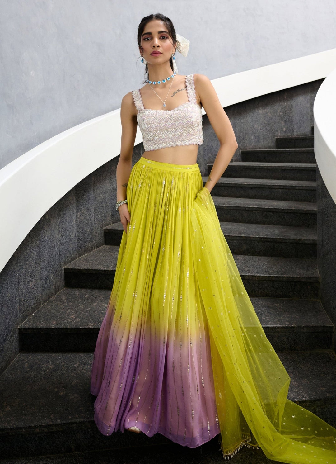Lime and Lavender Ombre Sequence Lehenga set Chamee and Palak - Fabilicious Fashion