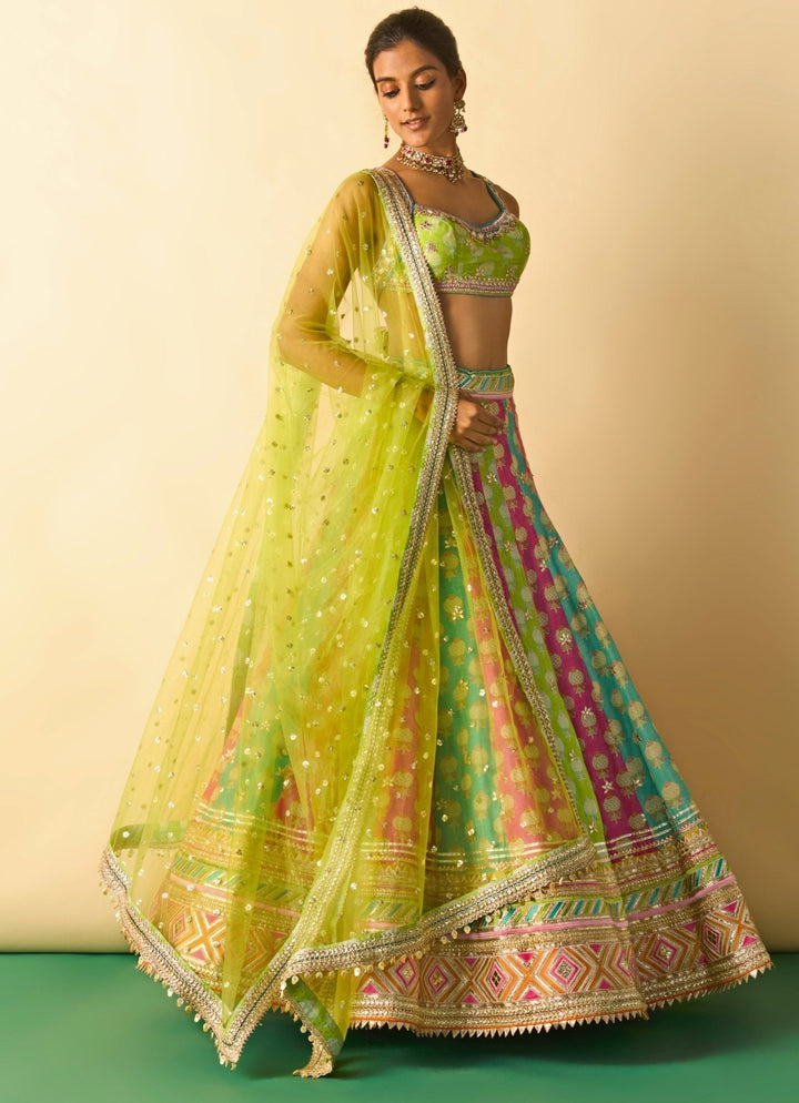 Gopi Vaid Lime Green And Muticolor Printed Cotton Silk Lehenga SetFabilicious Fashion