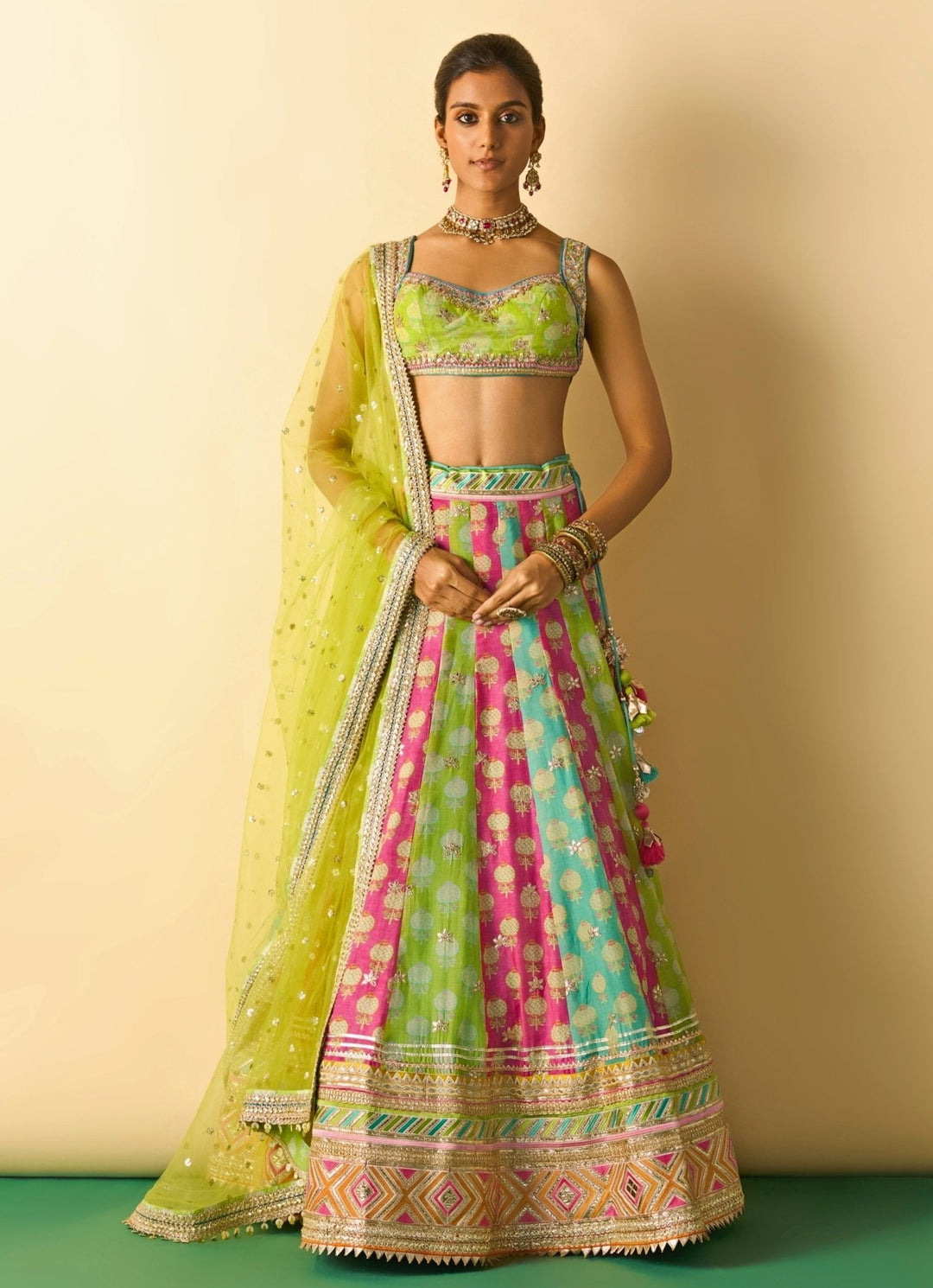 Gopi Vaid Lime Green And Muticolor Printed Cotton Silk Lehenga SetFabilicious Fashion