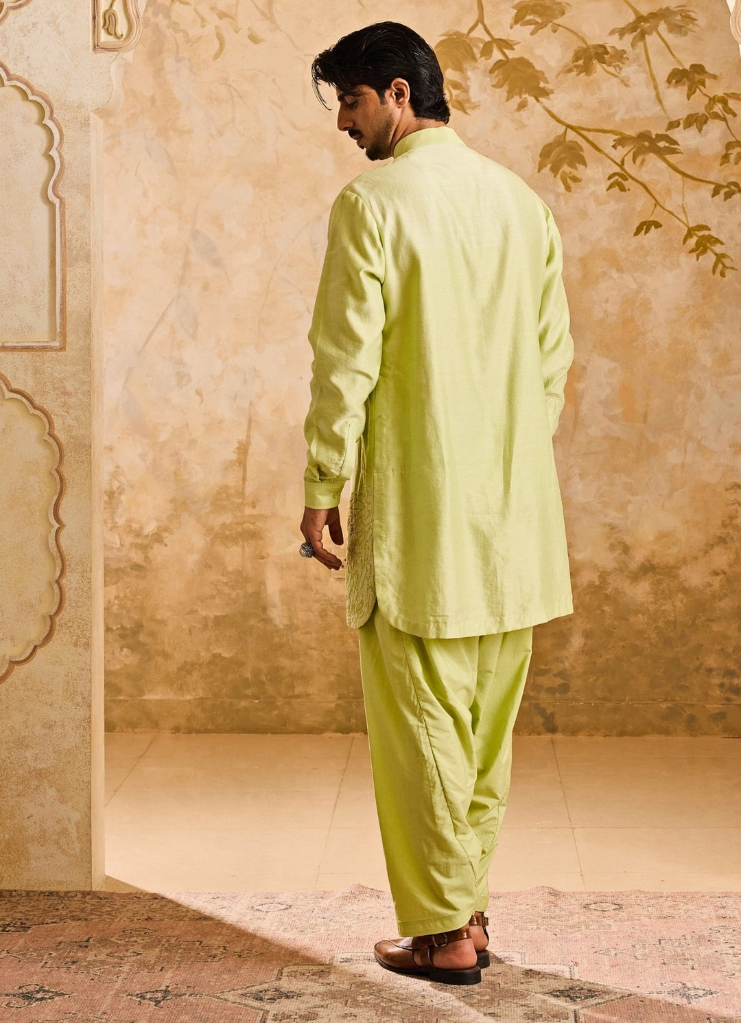 Lime Green Chanderi Applique Kurta Set Nitika Gujral - Men - Fabilicious Fashion
