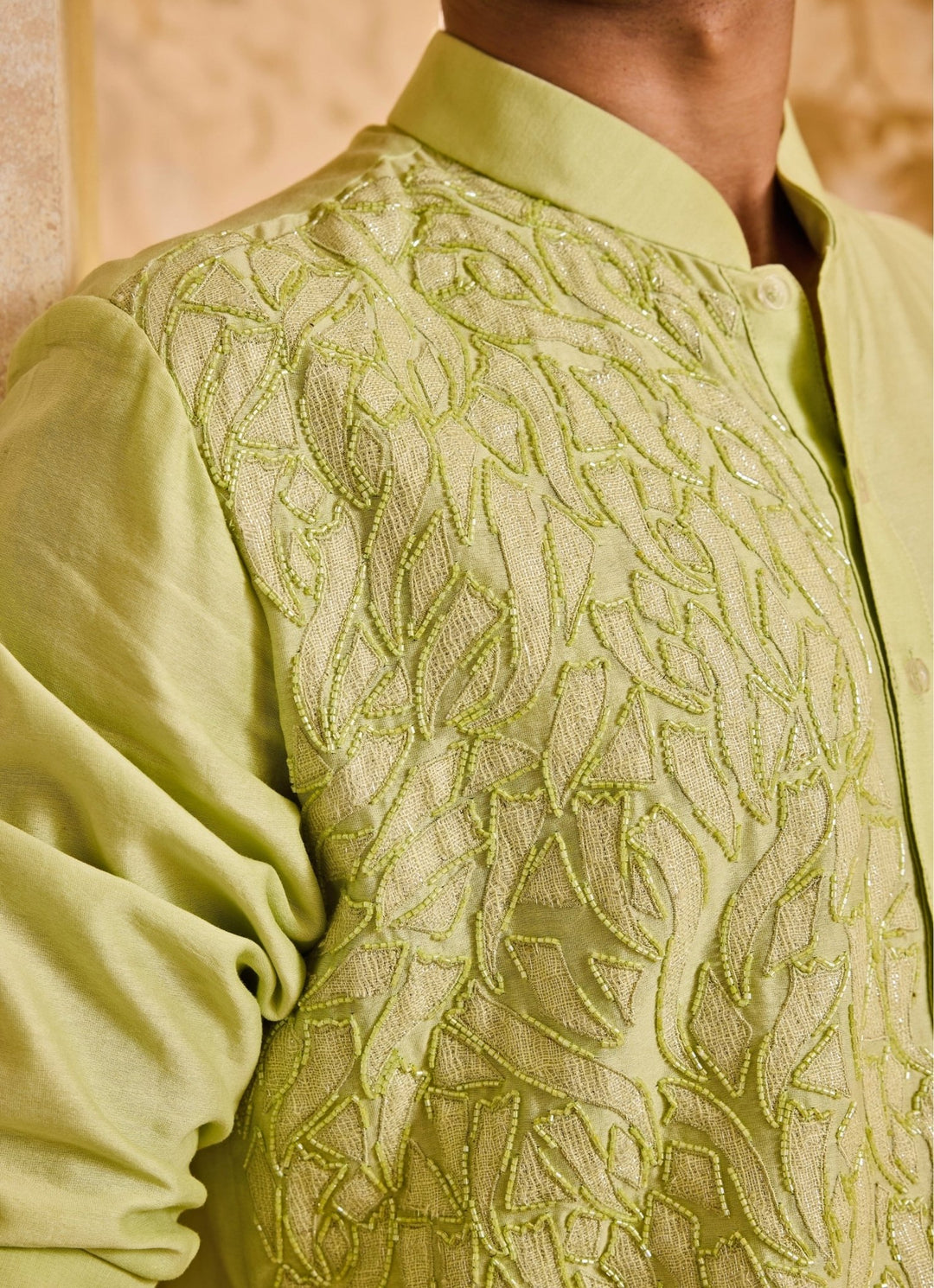 Lime Green Chanderi Applique Kurta Set Nitika Gujral - Men - Fabilicious Fashion