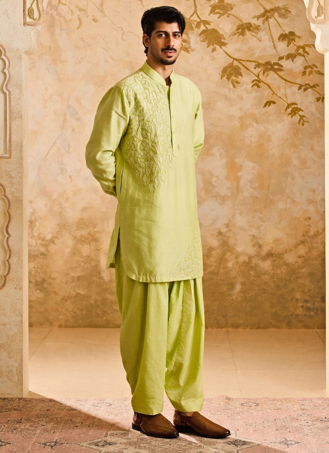 Lime Green Chanderi Applique Kurta Set Nitika Gujral - Men - Fabilicious Fashion