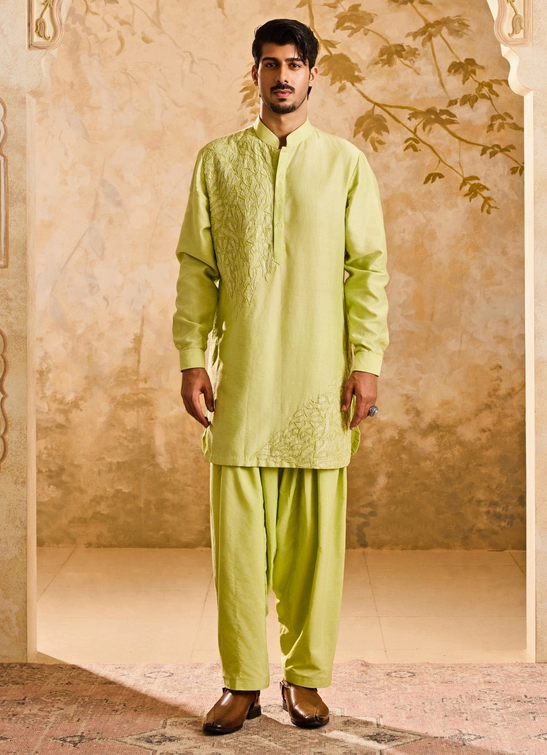 Lime Green Chanderi Applique Kurta Set Nitika Gujral - Men - Fabilicious Fashion
