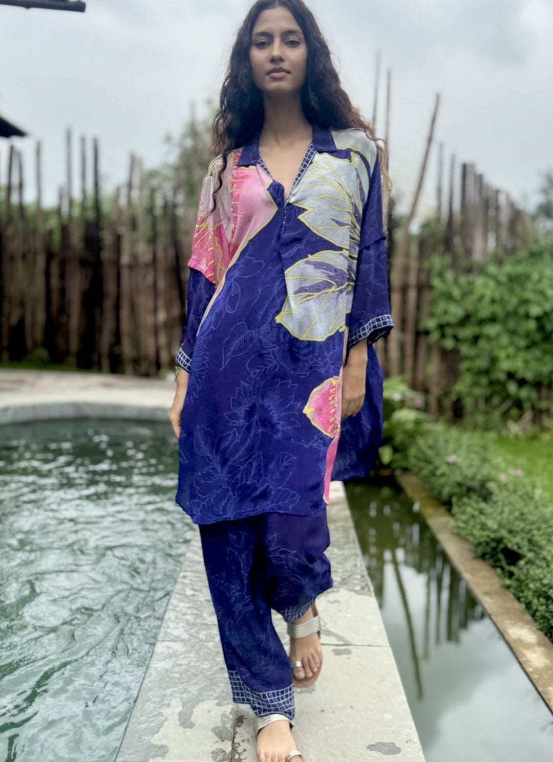 Lime Green Chinon Kurta Pant Set Basil Leaf - Fabilicious Fashion
