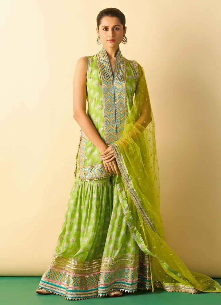 Gopi Vaid Lime Green Cotton Silk Kurta Sharara SetFabilicious Fashion