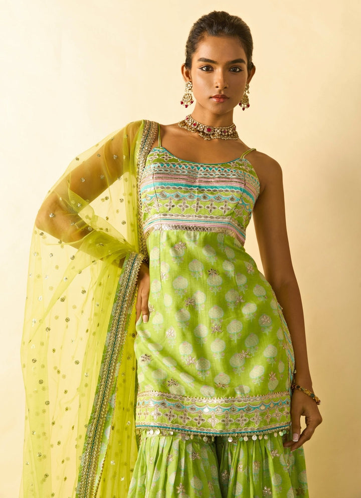 Gopi Vaid Lime Green Cotton Silk Strappy Kurta Sharara SetFabilicious Fashion
