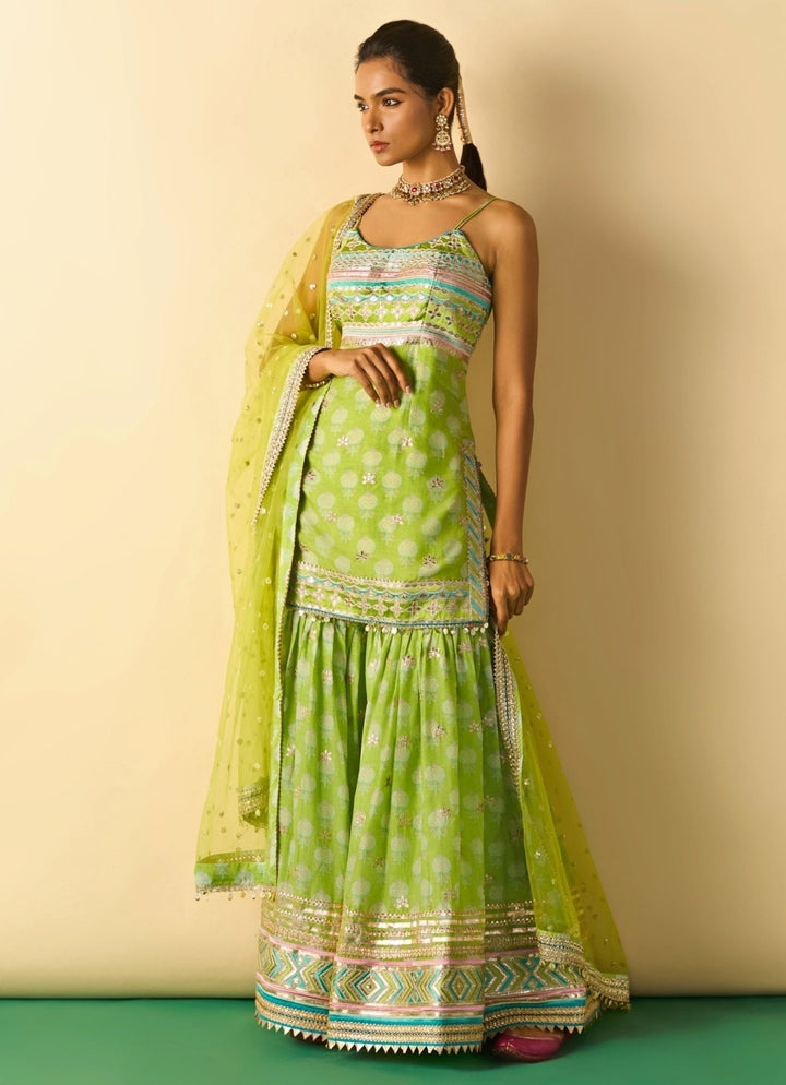 Gopi Vaid Lime Green Cotton Silk Strappy Kurta Sharara SetFabilicious Fashion