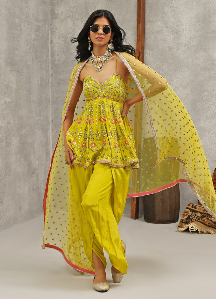 Lime Green Crepe Peplum Kurta With Dhoti Pants Kapda Dori - Fabilicious Fashion