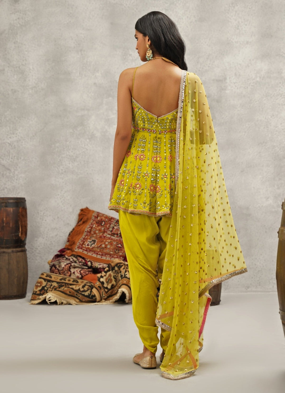Lime Green Crepe Peplum Kurta With Dhoti Pants Kapda Dori - Fabilicious Fashion