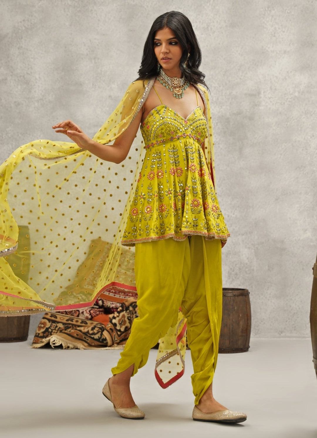 Lime Green Crepe Peplum Kurta With Dhoti Pants Kapda Dori - Fabilicious Fashion