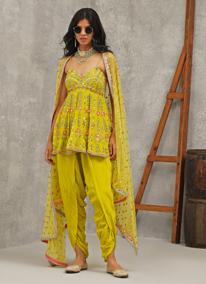 Lime Green Crepe Peplum Kurta With Dhoti Pants Kapda Dori - Fabilicious Fashion