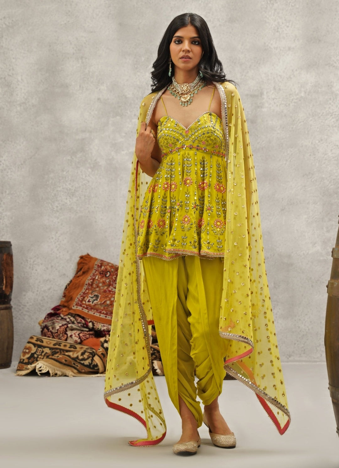 Lime Green Crepe Peplum Kurta With Dhoti Pants Kapda Dori - Fabilicious Fashion