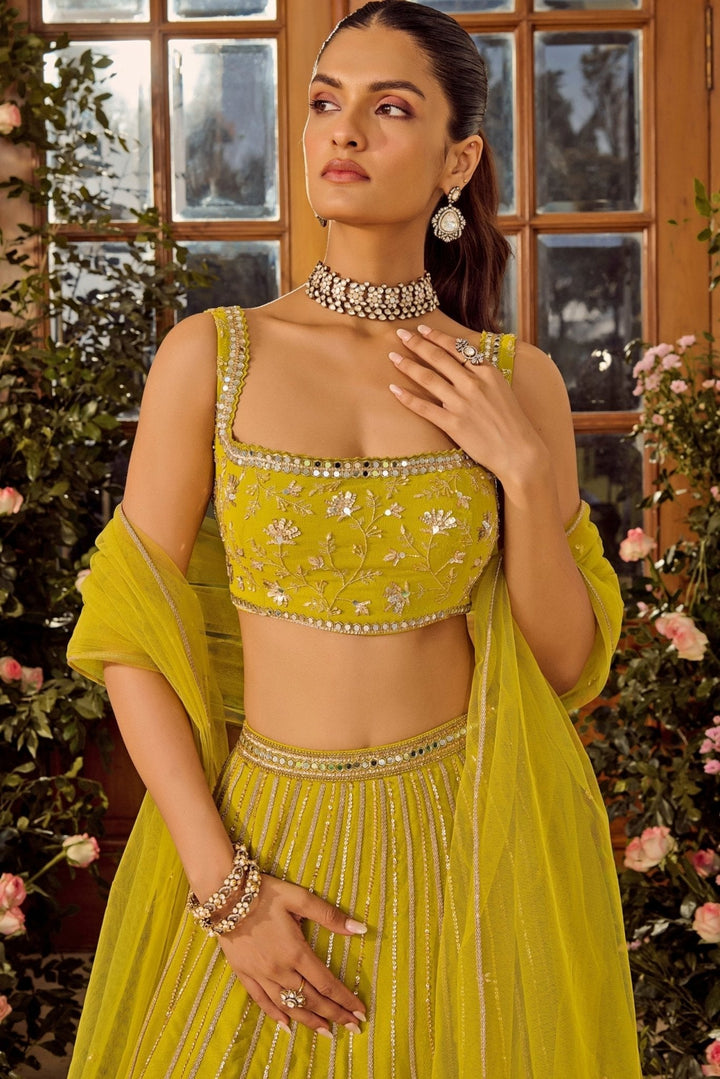 Lime Green Embroidered Lehenga Set Parul Gandhi - Fabilicious Fashion