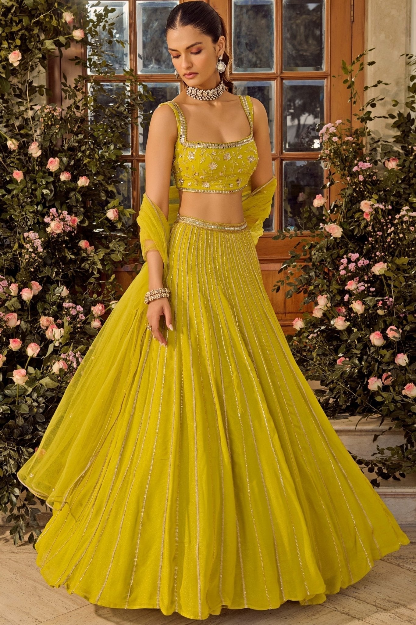 Diwali Lehenga Lime Green Embroidered by Parul Gandhi from Fabilicious