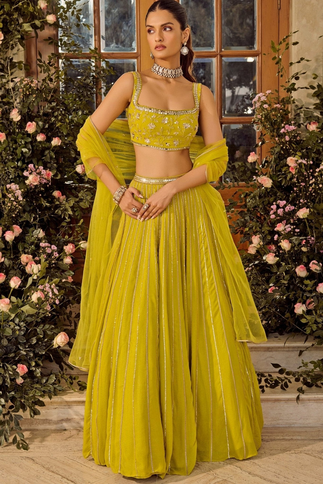 Lime Green Embroidered Lehenga Set Parul Gandhi - Fabilicious Fashion