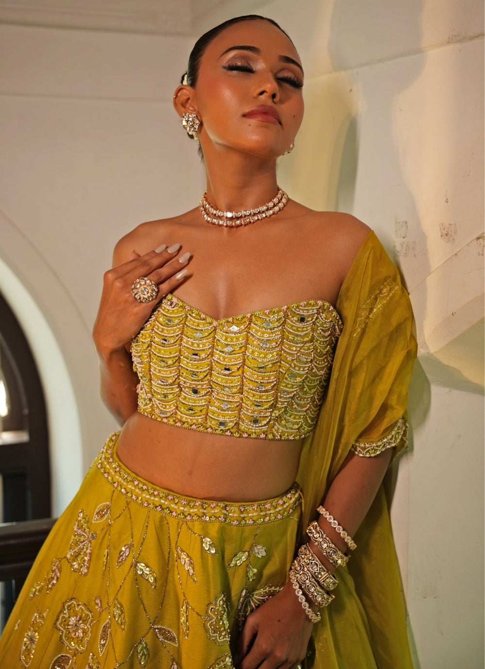 Lime Green Embroidered Silk Lehenga Set Enamour by Radha - Fabilicious Fashion