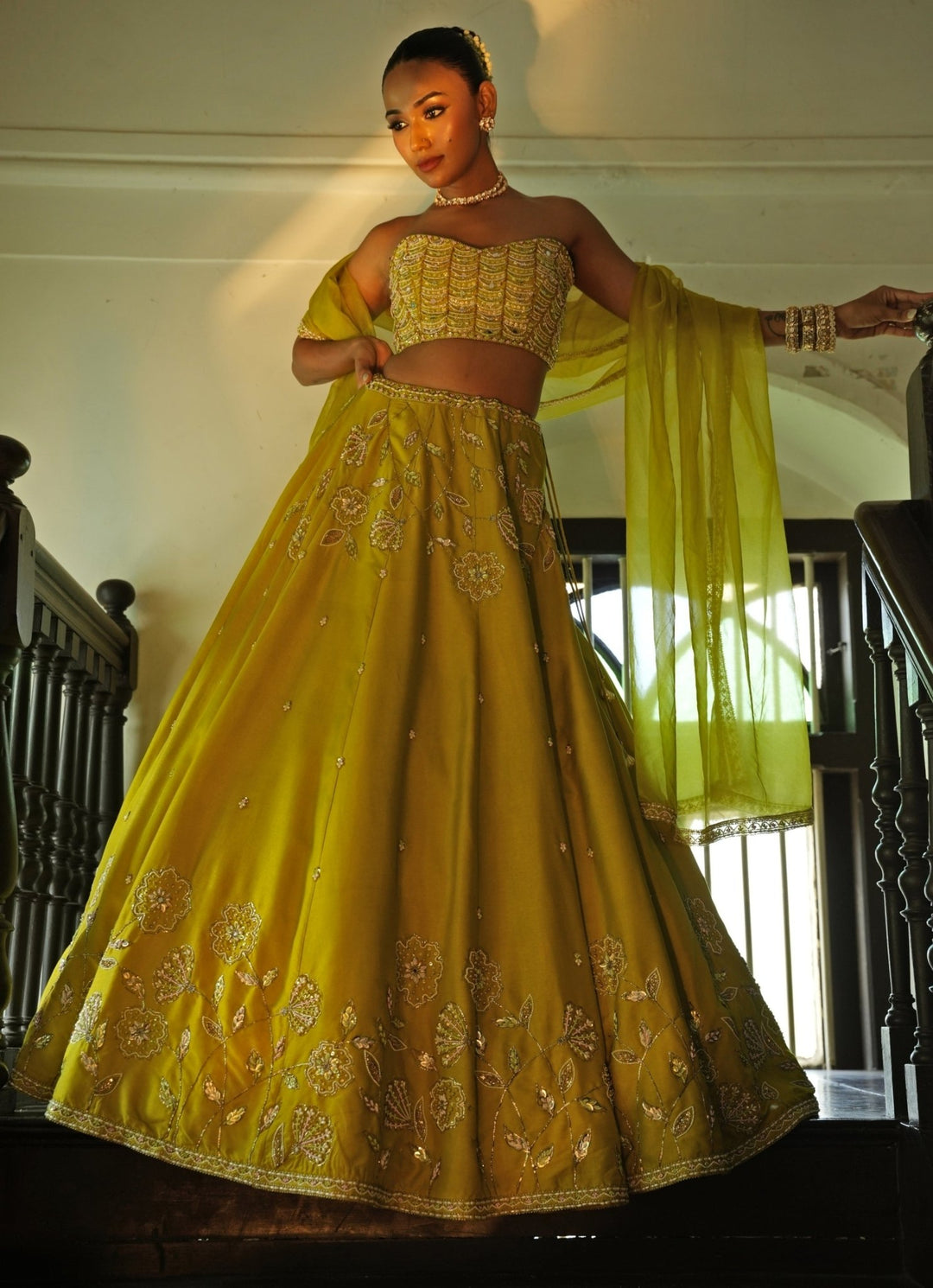 Lime Green Embroidered Silk Lehenga Set Enamour by Radha - Fabilicious Fashion
