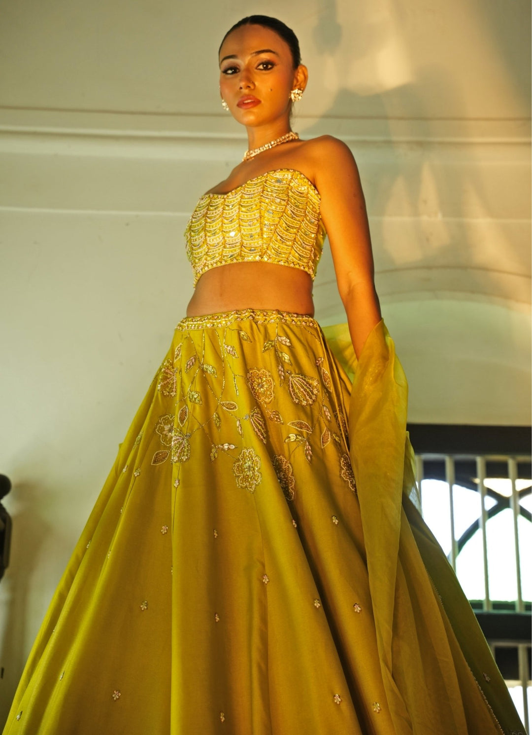 Lime Green Embroidered Silk Lehenga Set Enamour by Radha - Fabilicious Fashion