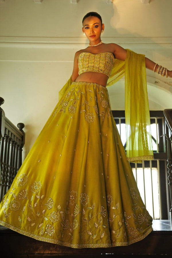 Lime green embroidered silk lehenga set for a London wedding reception