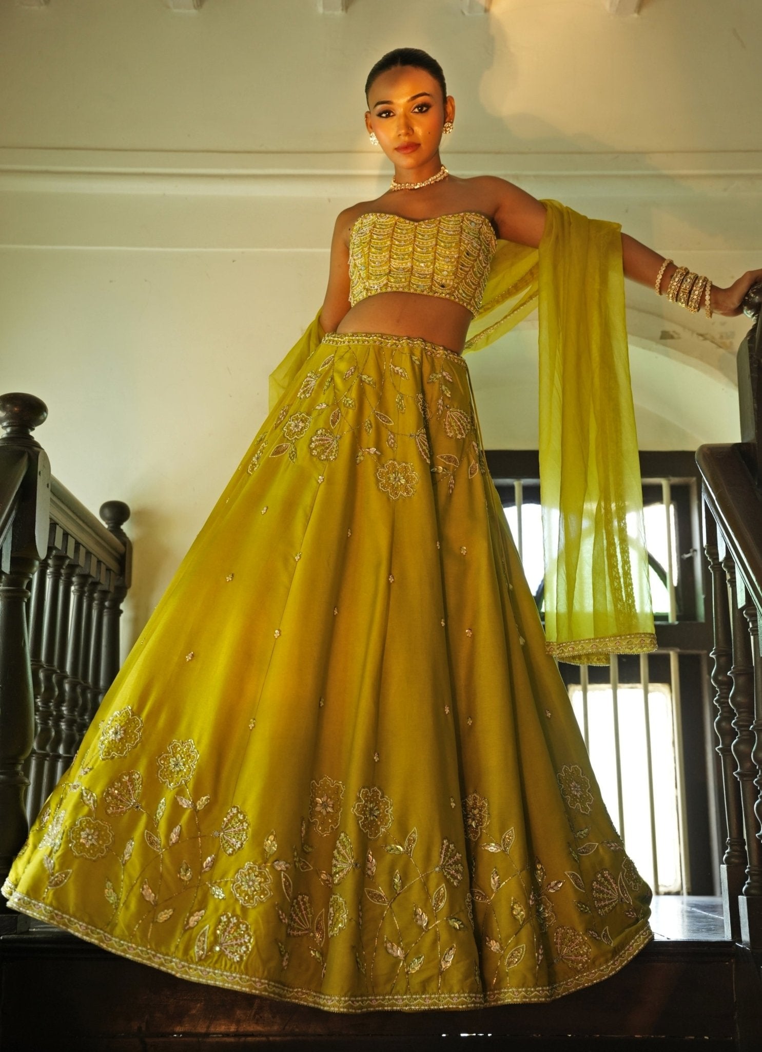 Lime green embroidered silk lehenga set by Enamour by Radha, a colourful mehendi outfit