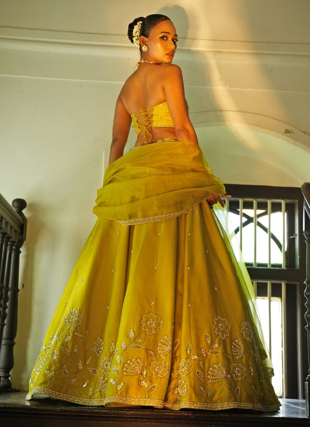 Lime Green Embroidered Silk Lehenga Set Enamour by Radha - Fabilicious Fashion