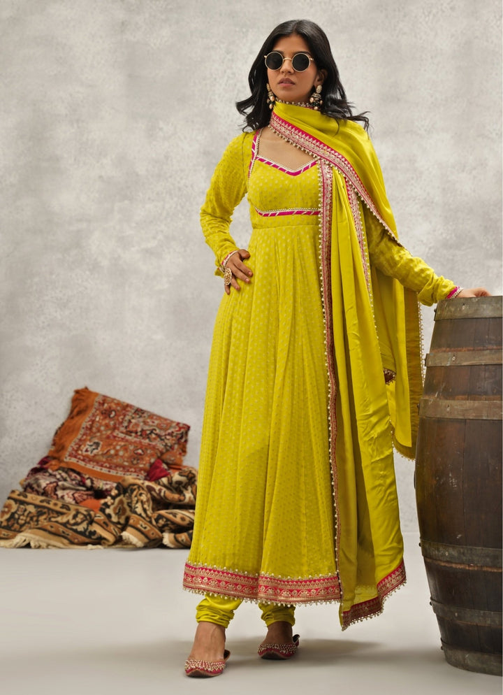 Lime Green Georgette Anarkali Kapda Dori - Fabilicious Fashion
