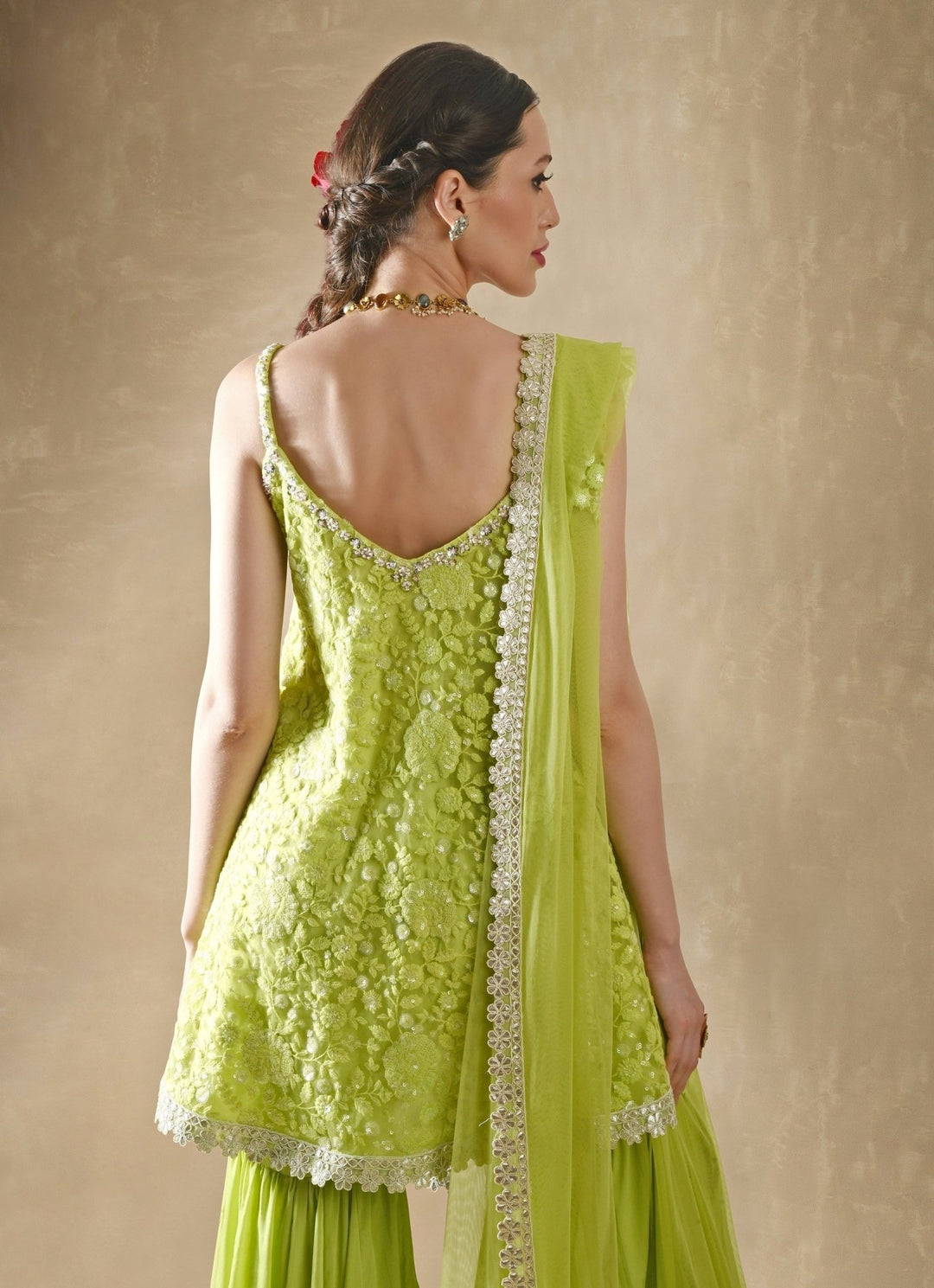 Lime Green Georgette Kurta Sharara Set Renee Label - Fabilicious Fashion